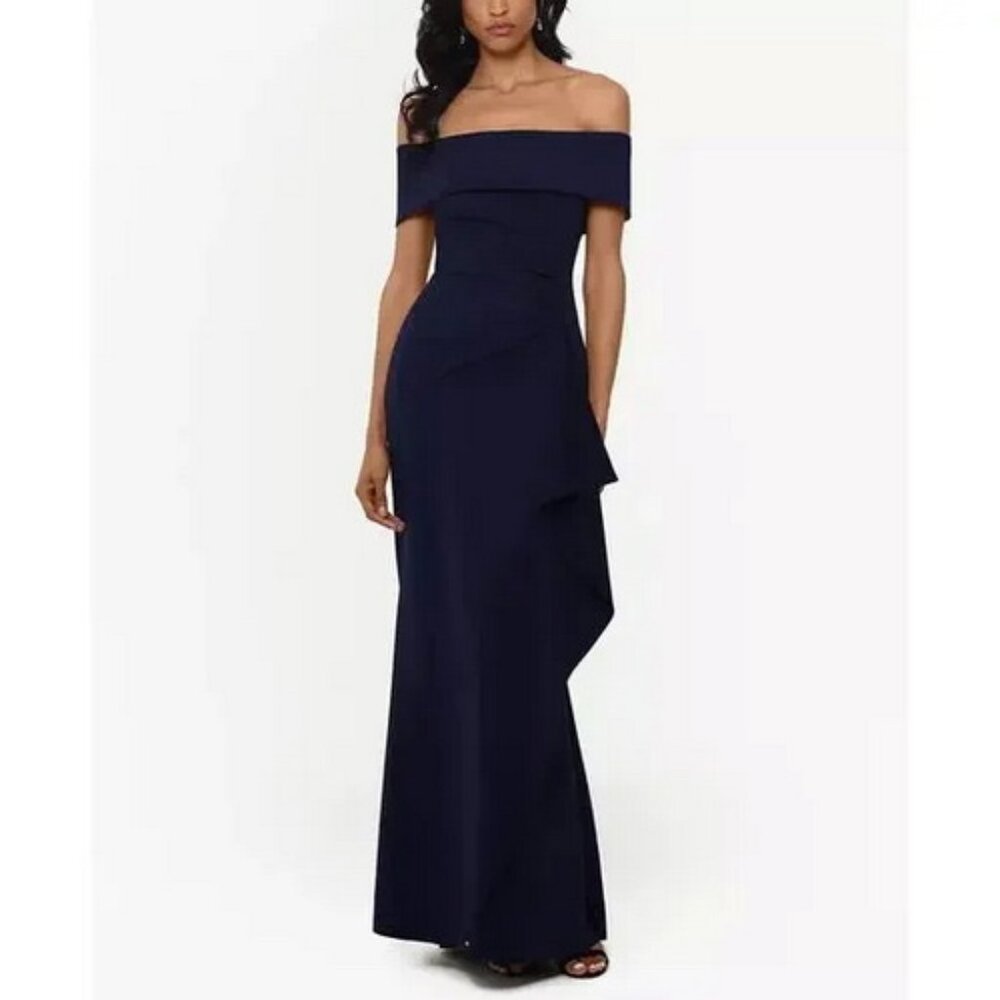 Xscape Navy Blue Ruffled Off-The-Shoulder Gown Dress